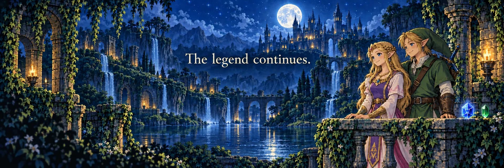 Two adventurers overlook a moonlit kingdom of waterfalls and castle lights.