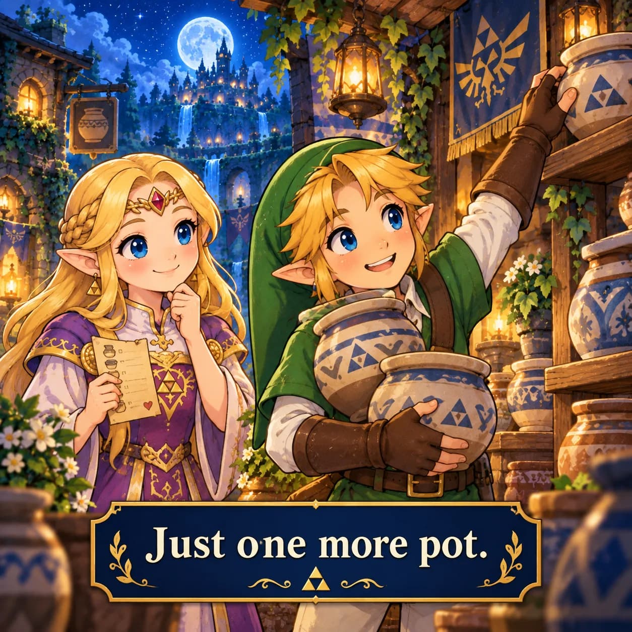 A village pottery stall. Link reaches for one more ceramic pot while already carrying two. Zelda waits beside him with a shopping list. Artwork text: Just one more pot.