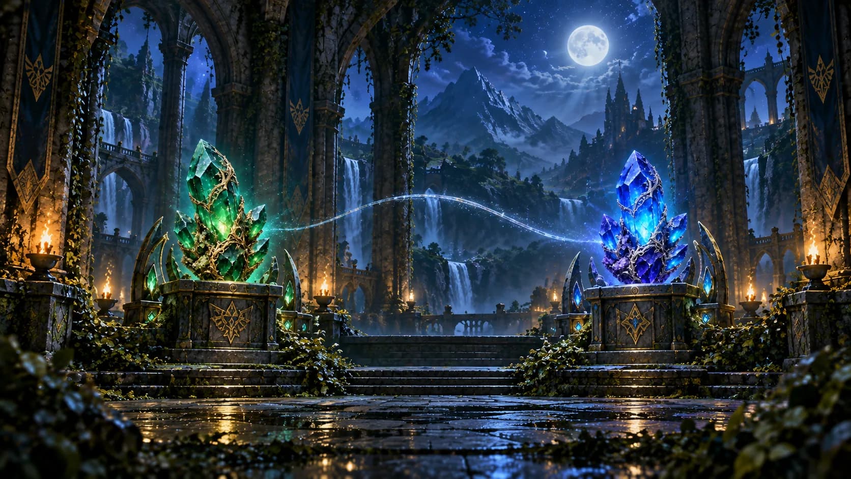 An emerald crystal and a blue crystal on stone pedestals, connected by a thread of light inside a moonlit sanctuary.